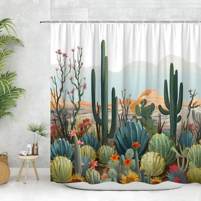 Rideau de Douche Cactus Plante Tropicale Verdure Fleur de Lune Désert Colibri Panneau Bois Rustique Tissu Polyester Décoration de Salle de Bain