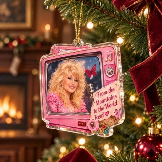 Unique Festival Gift Ideas Dolly Christmas Ornament, 2D Acrylic Collectible Hanging Decor, Memorial Country Pink Western Style Decorations Music Theme
