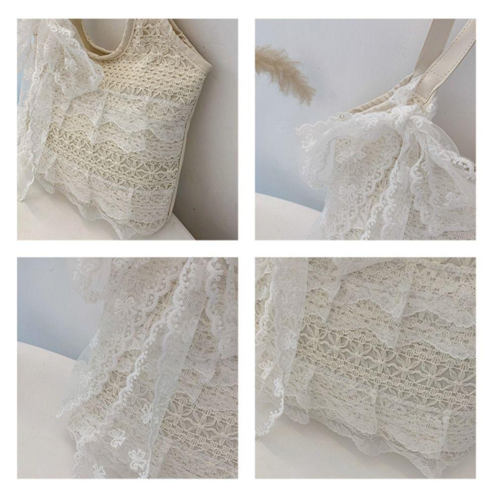 S krajkou a stuhou Taška přes rameno Korejský styl Velkokapacitní taška Nákupní Jednoduchá plátěná kabelka Práce