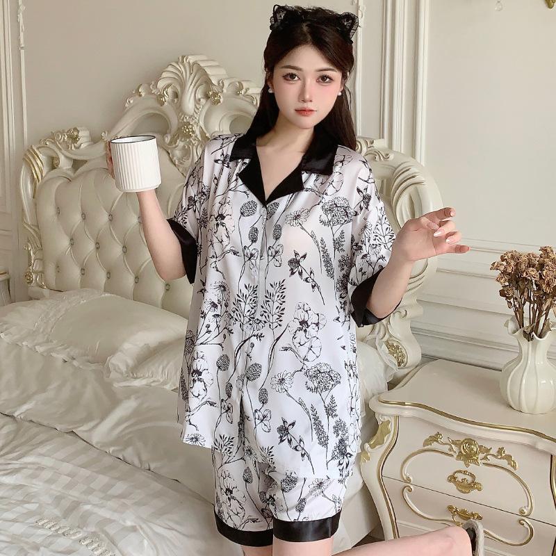 Popular Simulation Silk Pajamas Women'S Fashion New Chinese Flower Printing Short-Sleeved Loungewear Set