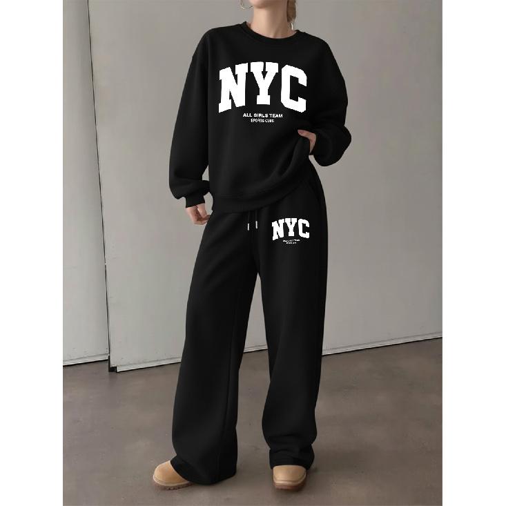 Women's Crewneck Sweatshirt & Drawstring Straight-Leg Pants 2-Piece Set, Printed Fall/Winter Loungewear Set