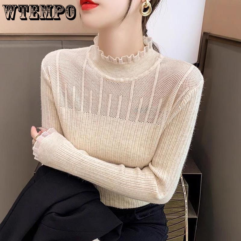 Half High Collar Lace Edge Knitted Sweater for Women Base Shirt Autumn and Winter Women's Clothing