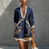 Women's Printed V-Neck Lace Trim Three-Quarter Sleeve Cotton Linen Loose Fit Short Dress with Belt for Summer Vacation