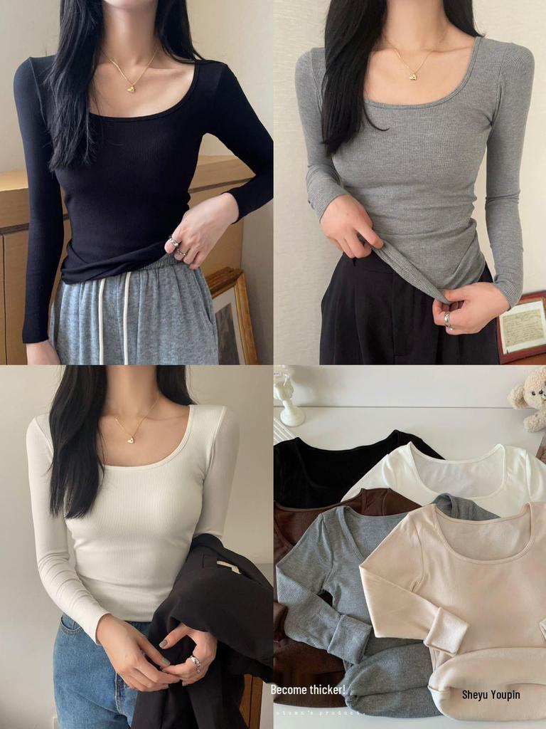 Korean Style Slim Fit Square Neck Brushed Velvet T-Shirt with Chest Pads for Autumn and Winter