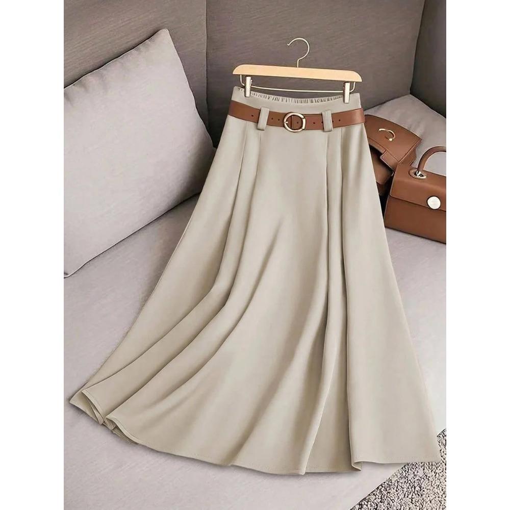 Women's A-Line Maxi Skirt Elegant Solid Color Flared Umbrella Hem with Multiple Vertical Pleats Skirt(Belt Included)