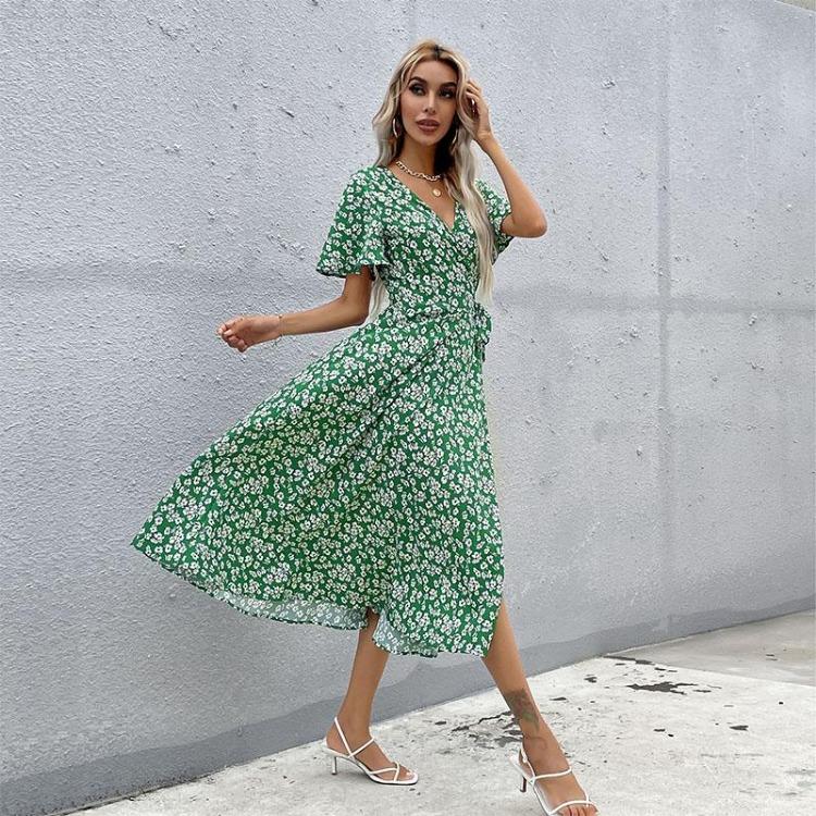 Women Floral Printed Bandage Casual Dress Green Beach Leisure Butterfly Sleeve Summer Ladies Female Dress