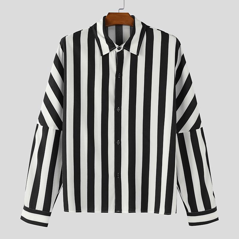 INCERUN Oversized Men Casual Lapel Neck Drop Shoulder Long Sleeve Striped Buttons Shirts Tops