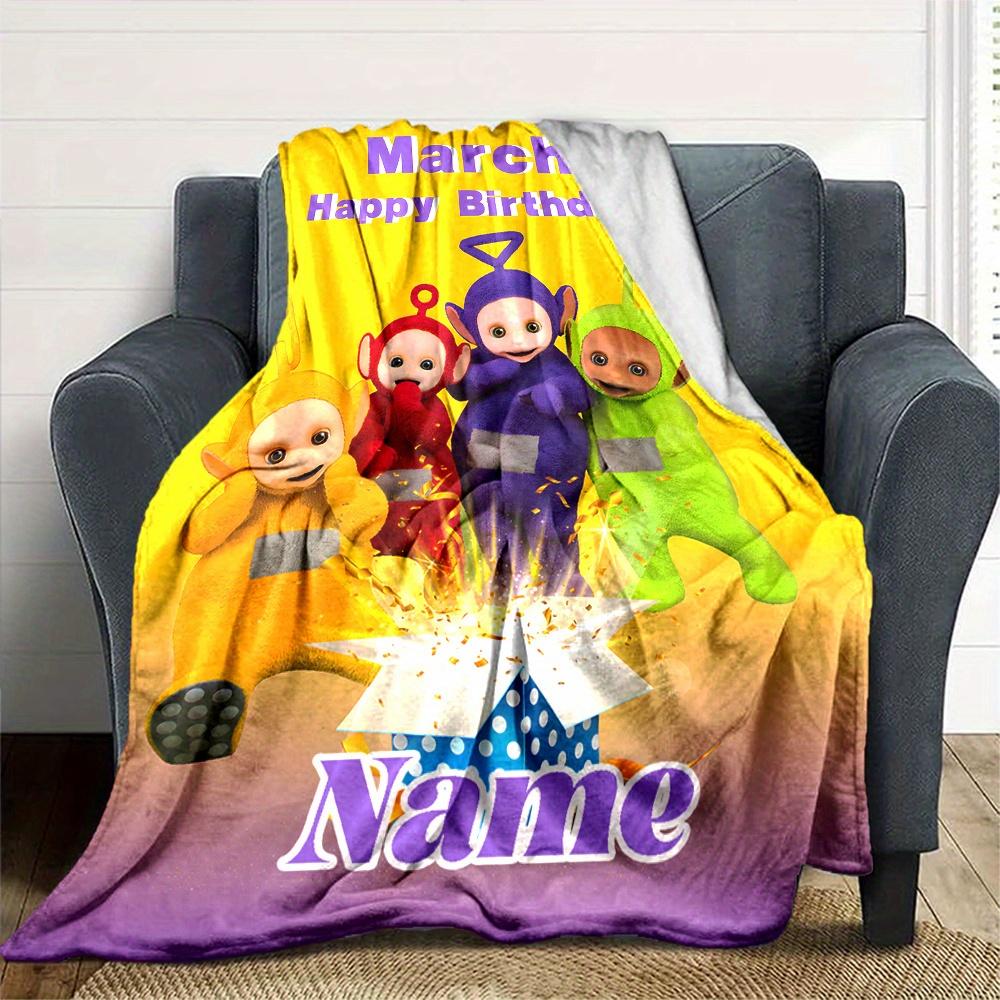 Teletubbies March Birthday Celebration Cartoon Print Blanket Personalized Name Soft Lightweight Versatile Suitable For Sofa Bed Picnic Office Car