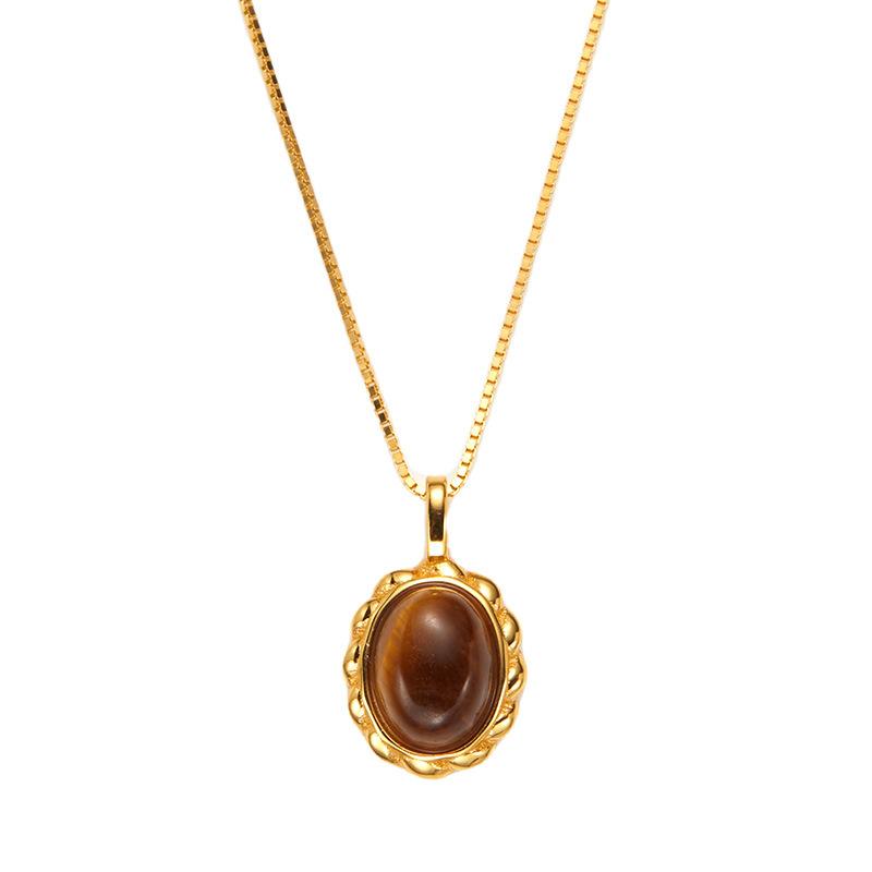 S925 Sterling Silver Natural Blue Gold Tiger Eye Malachite White Shell Color Necklace Light Luxury Multi-Colored Gemstone Pendant Collarbone Chain