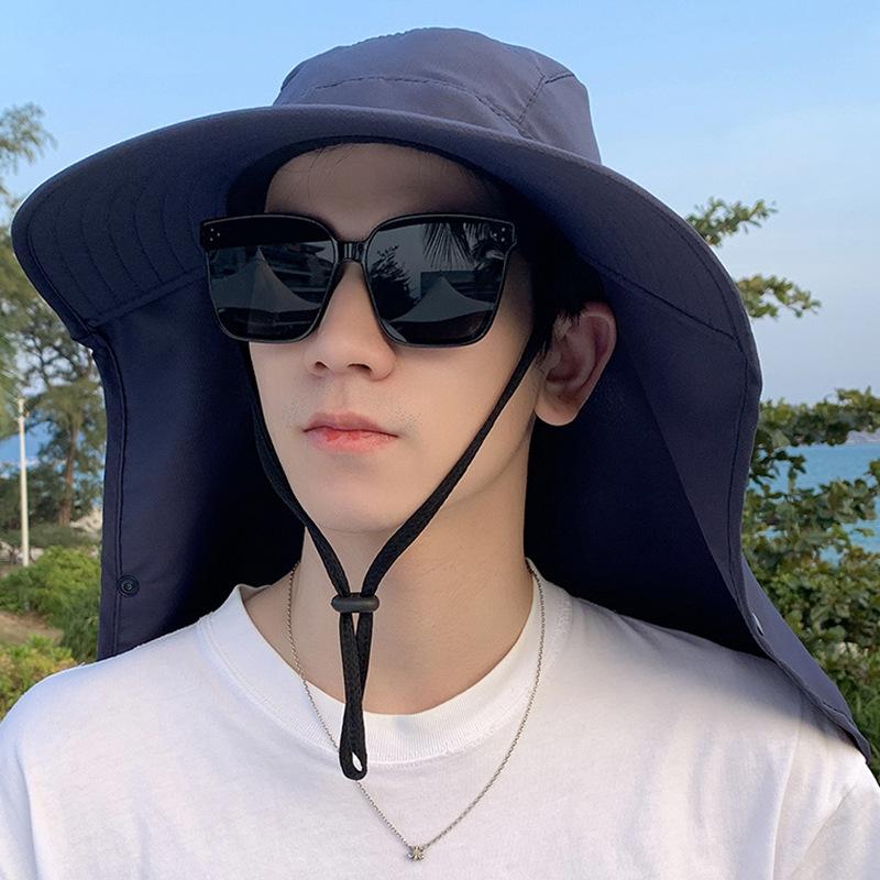 

Мужская уличная шляпа от солнца Летняя ветрозащитная шляпа с пряжкой для пеших прогулок Дышащая шляпа с широкими полями и пелериной темно-синий