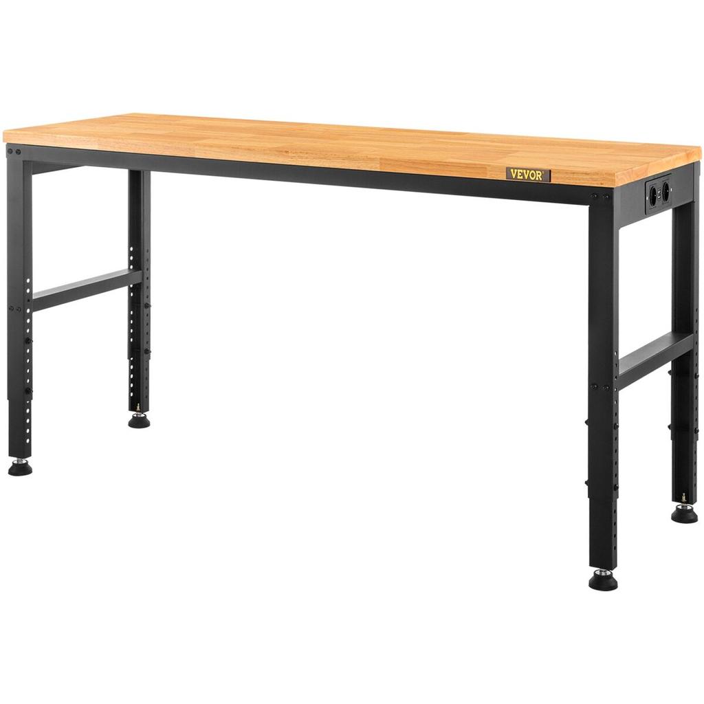 Workbench Adjustable Height, 183 x 64 cm Garage Table w/ 72 – 97 cm Heights & 900KG Load Capacity, with Power Outlets & Hardwood Top & Metal Frame &
