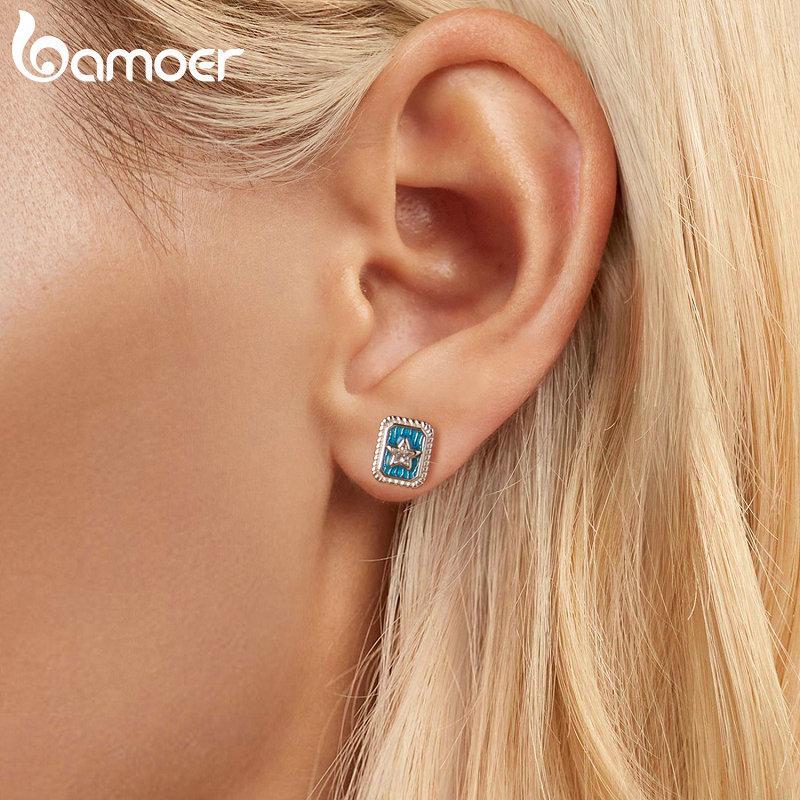 Bamoer Solid 925 Sterling Silver Vintage Star CZ Stud Earrings for Women Gift Retro Denim Blue Enamel Earrings
