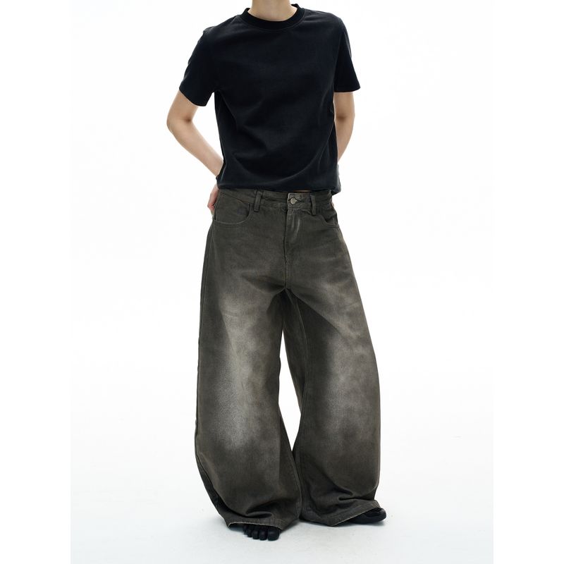 Madwitch American-Style Trendy Brand Distressed Washed Scimitar Jeans for Men and Women, Loose Wide-Leg Cool Design Pants