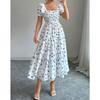 Women's Square Neck Puff Short Sleeve Smocked Floral Print Tiered Midi Dress Elegant Casual Swing Sundress