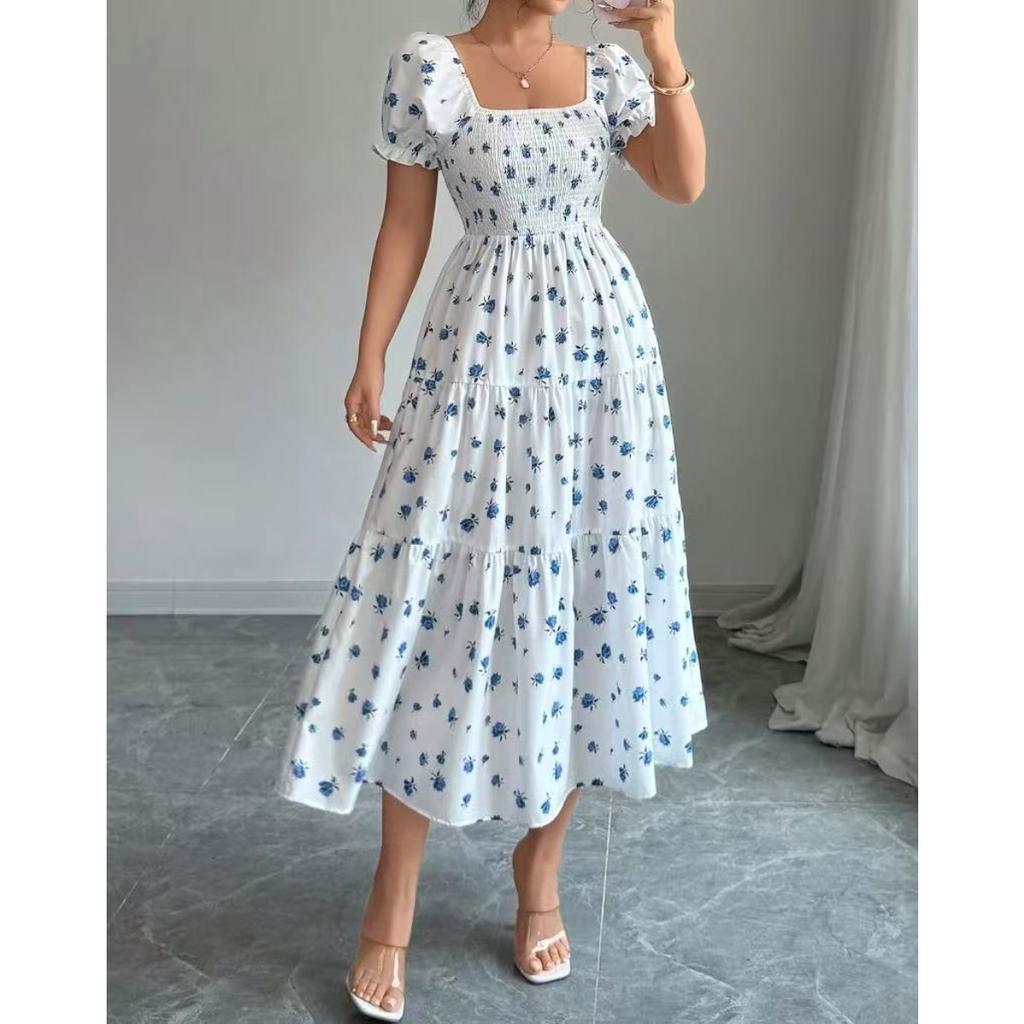 Women's Square Neck Puff Short Sleeve Smocked Floral Print Tiered Midi Dress Elegant Casual Swing Sundress