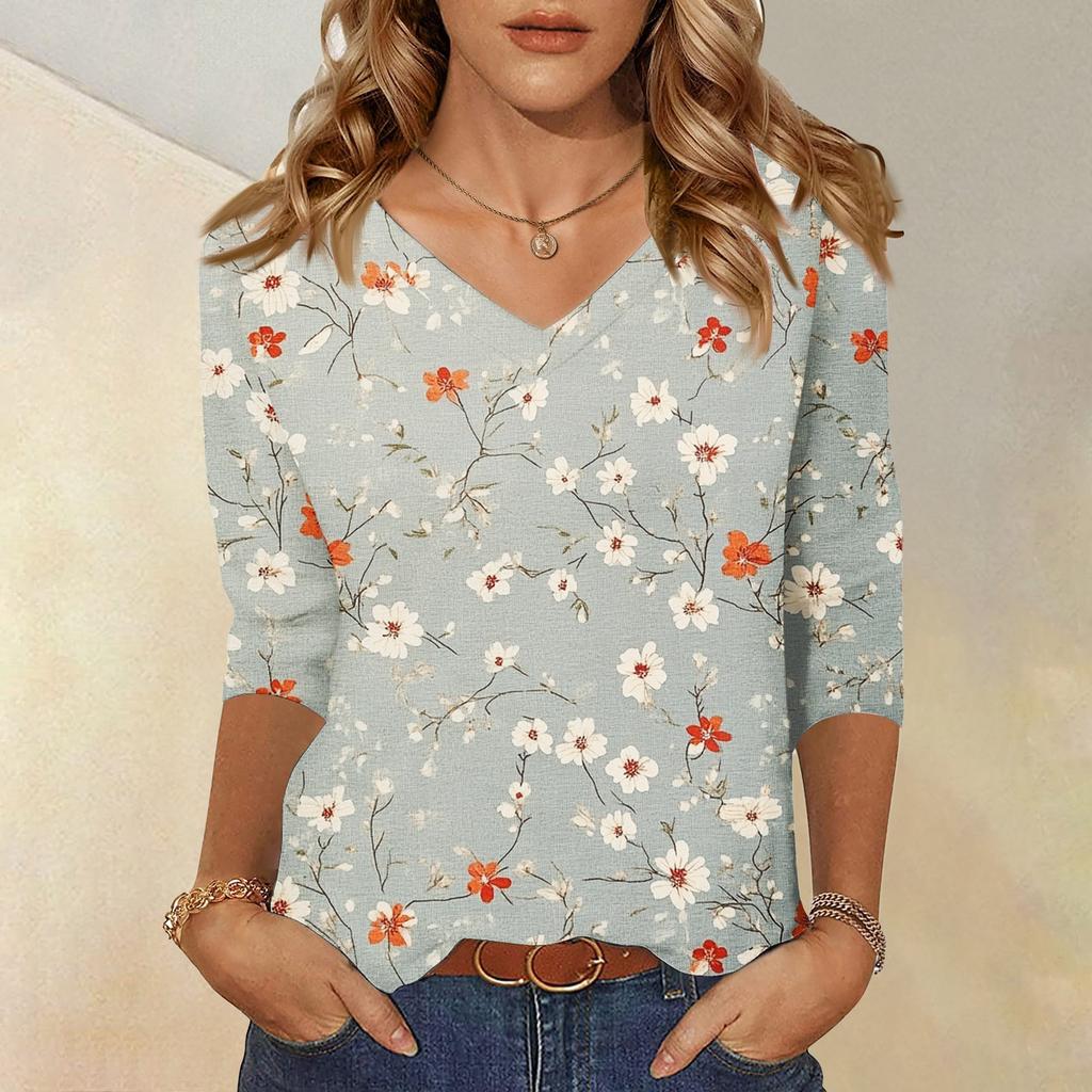 Women's Tops Three-quarter Sleeve Shirt V-neck Loose Casual Shirt Floral Printed T-shirt