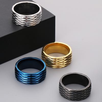 Waterproof Vacuum Plated Blue Gold Color 316l Stainless Steel Rings for Man 10mm Width Rhombus Design Mens Ring Fashion Jewelry
