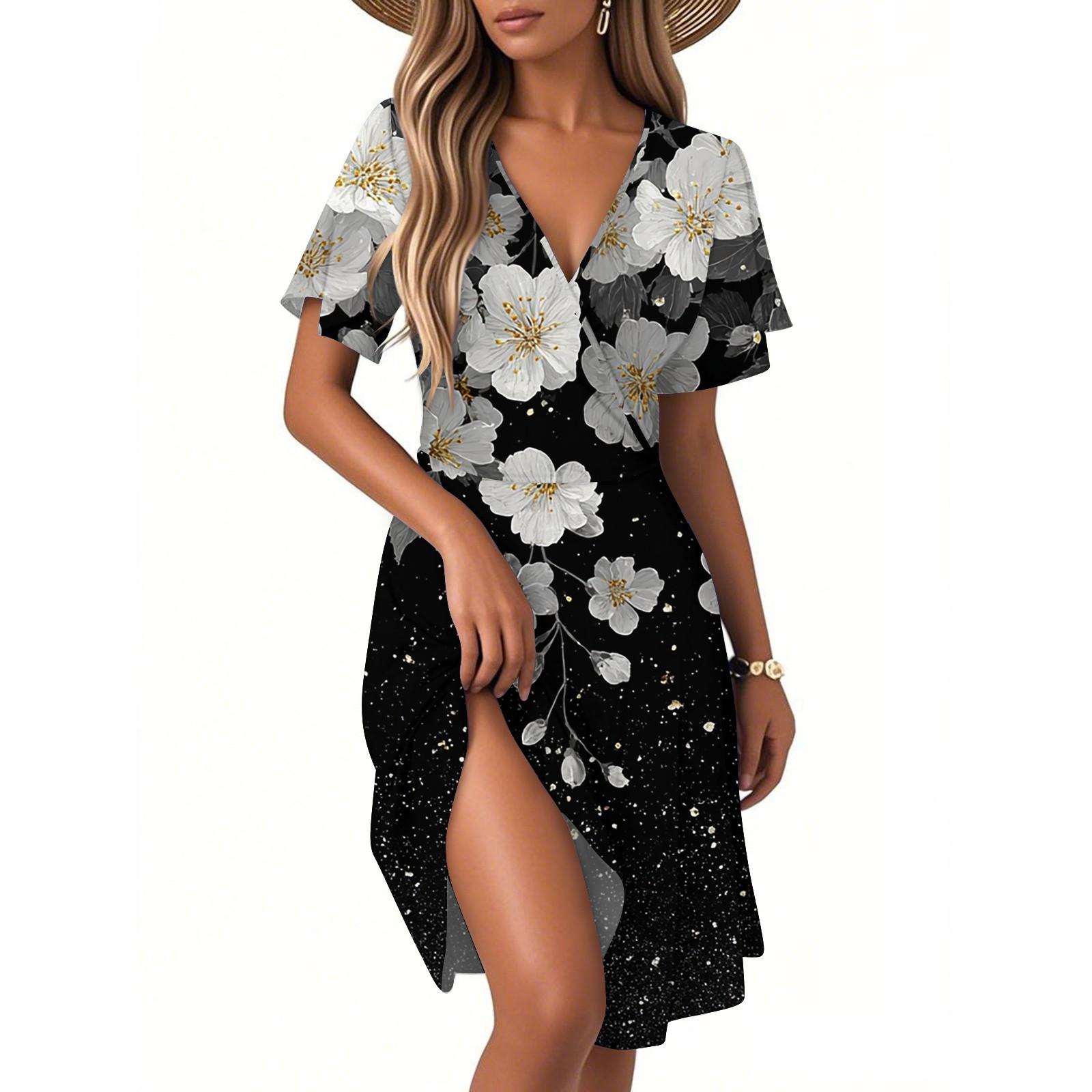 

Женское модное платье-сарафан с запахом и коротким рукавом, V-образным вырезом и цветочным принтом M чёрный