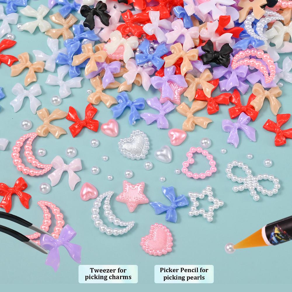 1Box Ribbon Bow/Pearl/Heart/Star Rhinestones Nails Decoration Parts 3D Gems Stone DIY Korean Manicure Designs Jewelry Accessorie