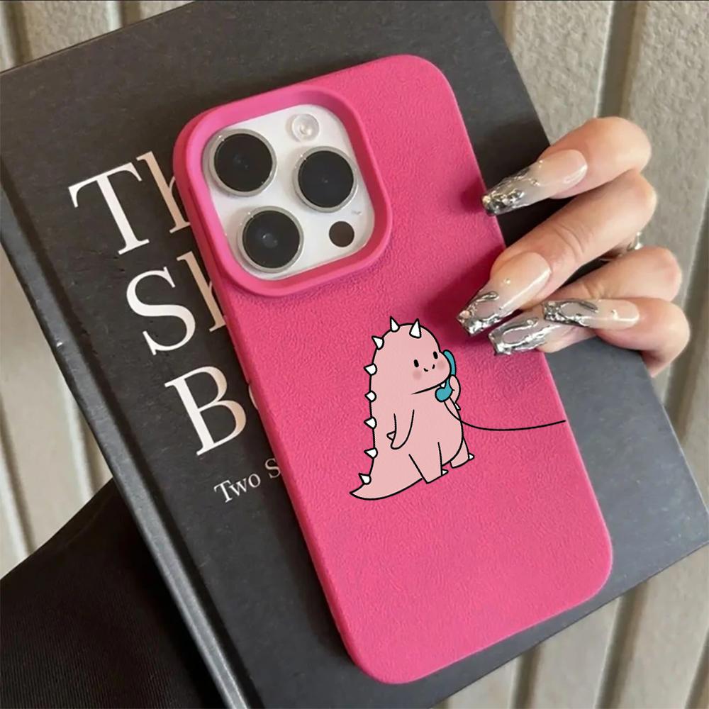 Adorable Talking Dinosaur Pair Couple Case For iPhone 17 Air 16 15 14 13 12 11 Pro Max Plus X Litchi Texture Protective Cover