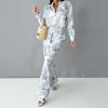 2026 Spring Women's Fashion: European & American Casual Print Lace-Up Shirt with Long Pants Set