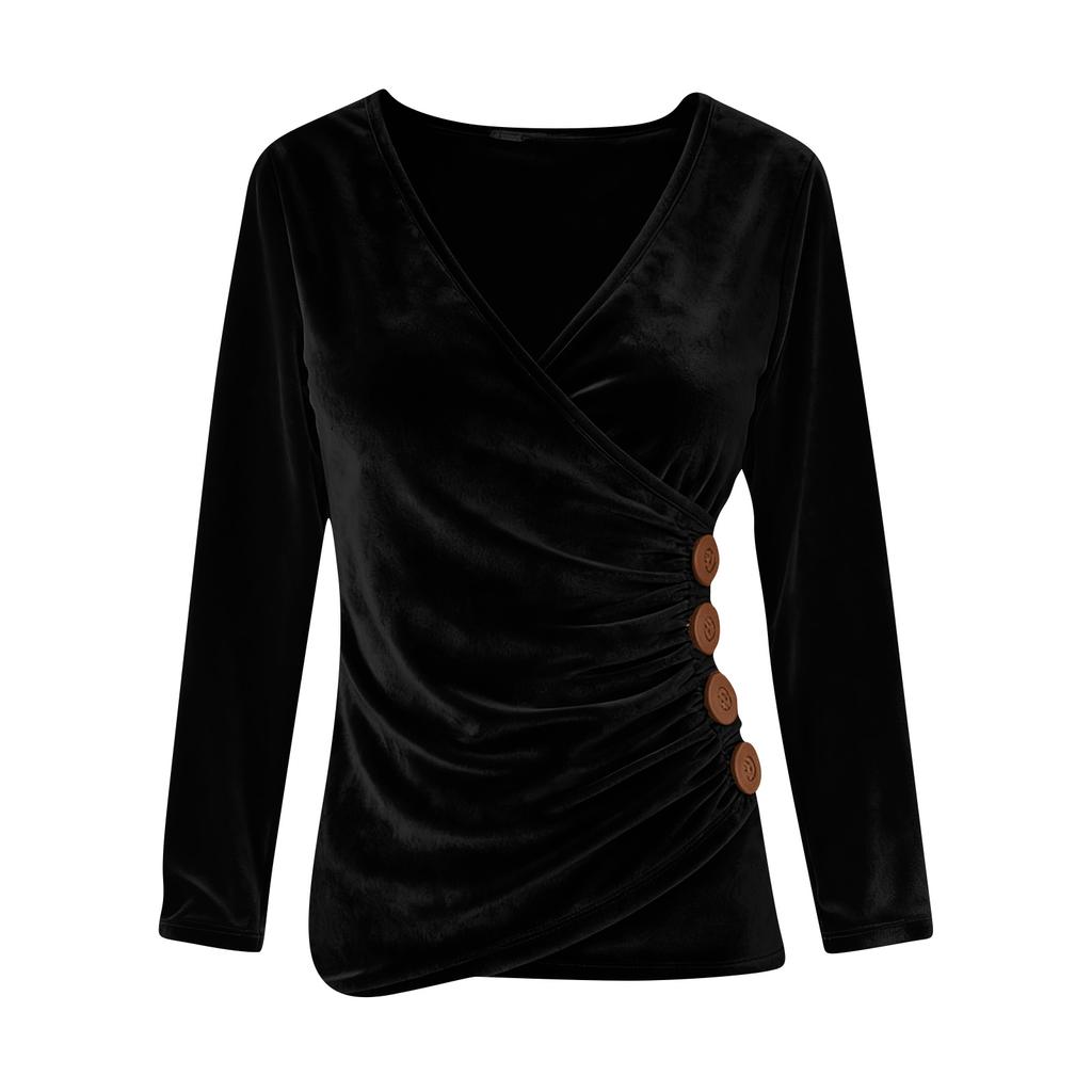 Women's Fashionable Color V,neck Long Sleeved Temperament Slim Fit And Slimming Gold Velvet Top