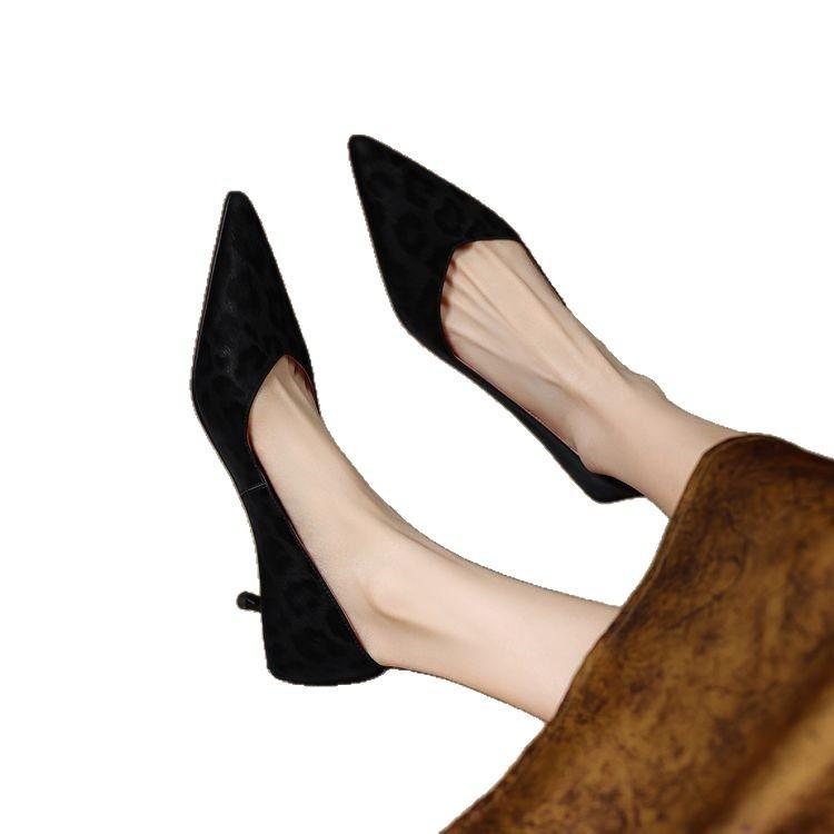 Commuter series~ 2025 spring leather work shoes daily stiletto black low-top solid color pointed high heels