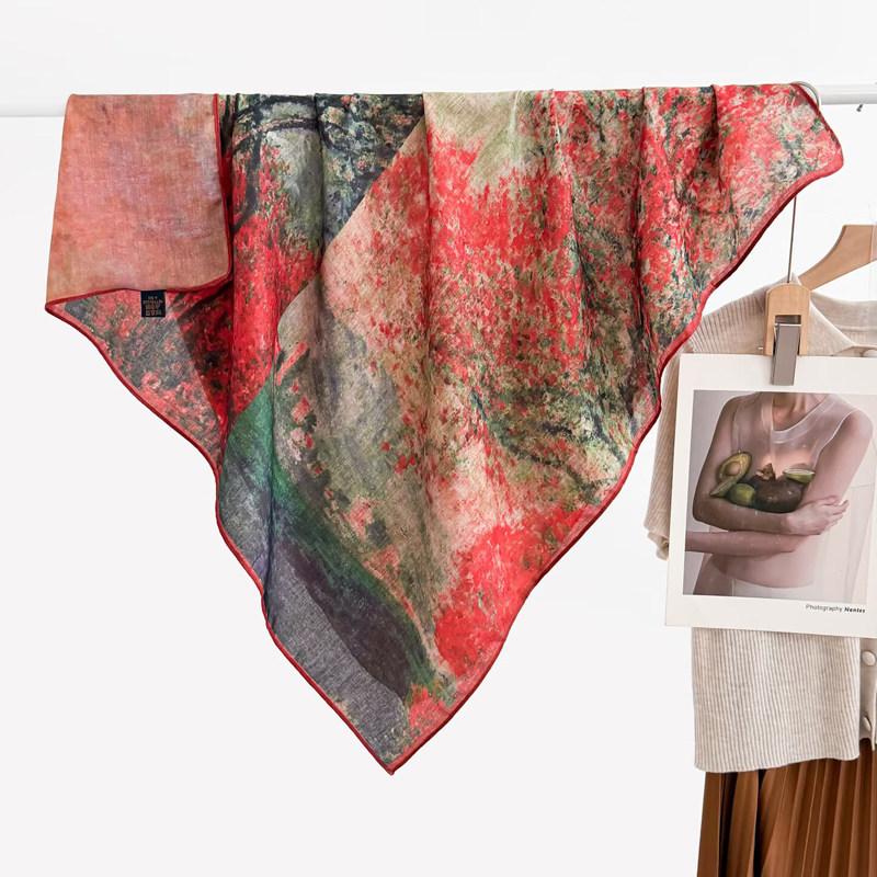 Pastoral Floral Velvet Double-sided Scarf 91 Large Square Scarf Women's Summer Travel Photo Silk Scarf Sun Protection Shawl