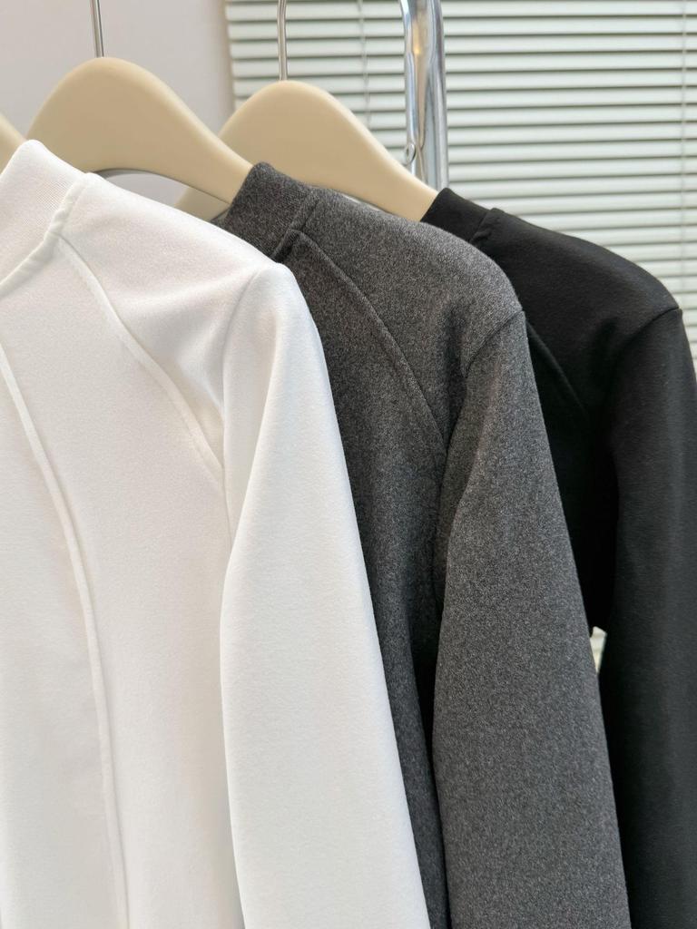 Women's Loose Fit Thermal Fleece T-Shirt - Solid Color, Round Neck, Long Sleeve, Korean Style for Autumn and Winter