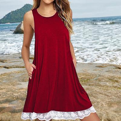 Lady Sundress with Side Pockets Lace Trim Hem A-line Sleeveless Round Neck Solid Color Mini Dress Summer Short Dress for Beach Dating Daily Wear