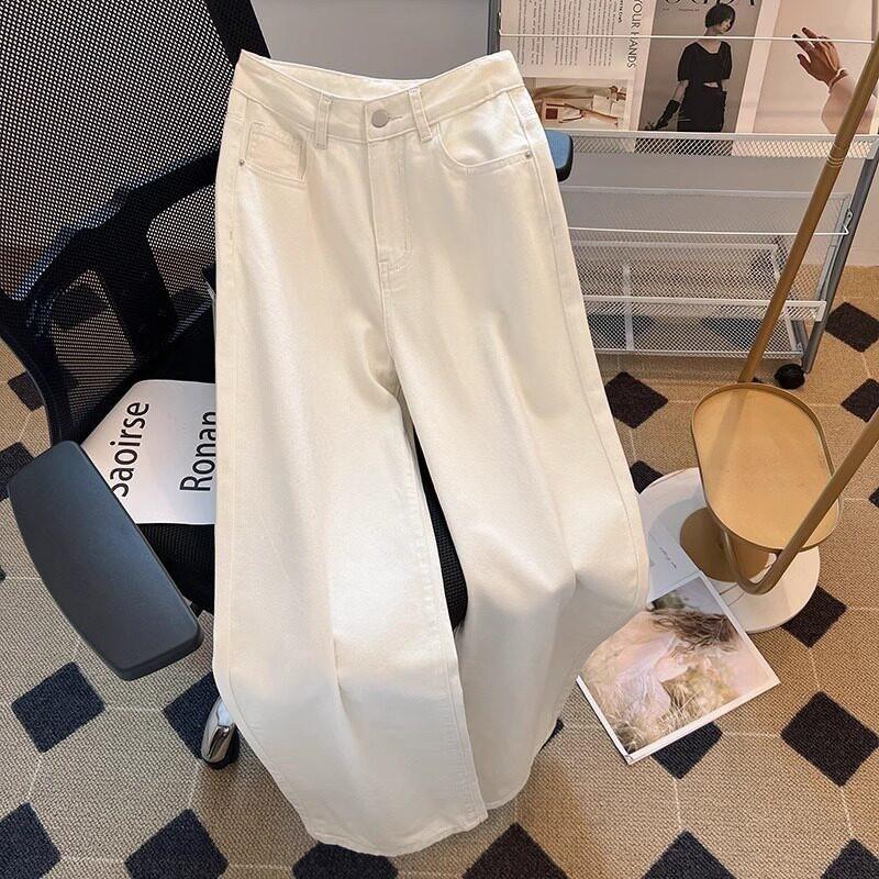 Womens White Wide Leg Straight Cut Jeans High Waist Loose Fit Cotton Denim Trousers 2026 Fall