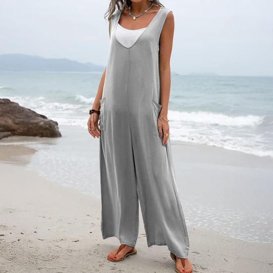 Women Casual Loose Long Bib Pants Sleeveless Wide Leg Baggy Jumpsuits Cotton Romper Overalls with Pockets