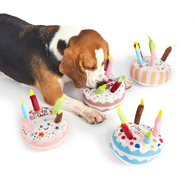 Happy Birthday Cake Plush Dog Toy, Squeaky Stuffed Candle Chew Toy for Small Medium Dogs, Pet Birthday Gift