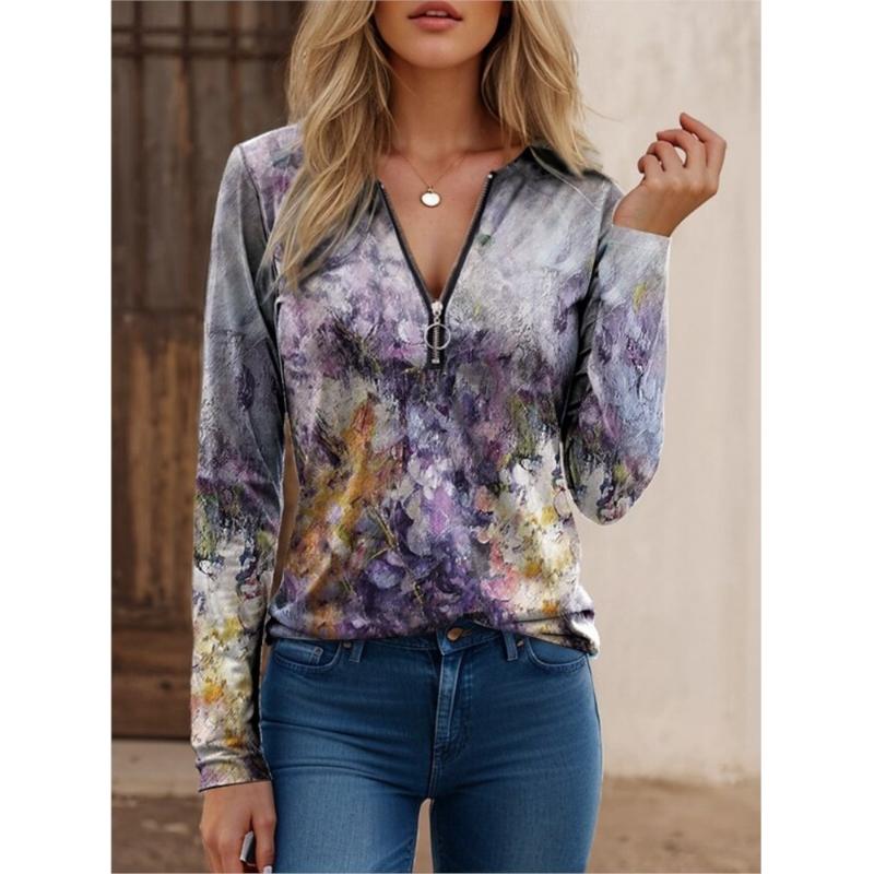 Women's Clothing Spring Autumn New Fashion Street Trendsetters Loose Type Printed Zipper Plus Size Cotton Long Sleeved T-shirt