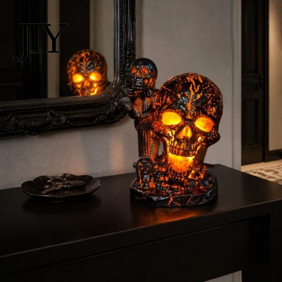 Amber Violet Glow Light Skull Table Lamp, Halloween Glowing Skeleton Resin Figurine, Gothic Ambient Unique Gift Night for Mantel Shelf Party