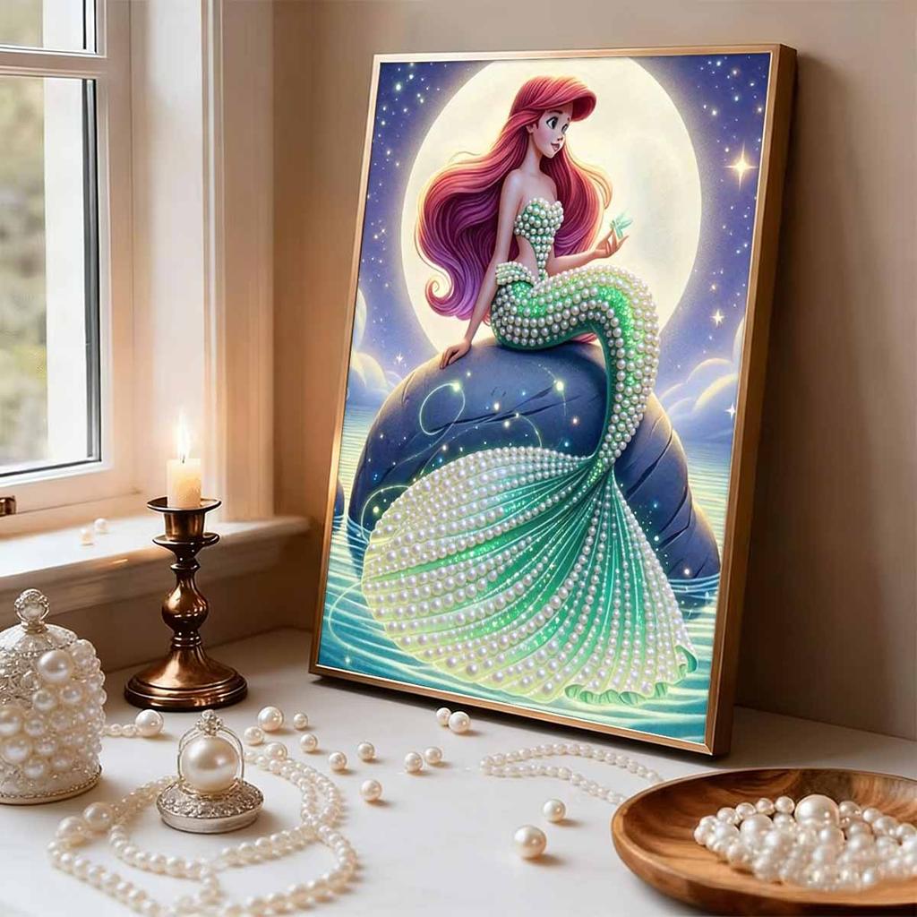 Dreamy Pearl-Inlaid Little Mermaid Frameless Art | Moonlit Starry Bg, Handmade Pearl & Diamond Craft, Ideal for Retro, Fairy, Luxury Home Decor