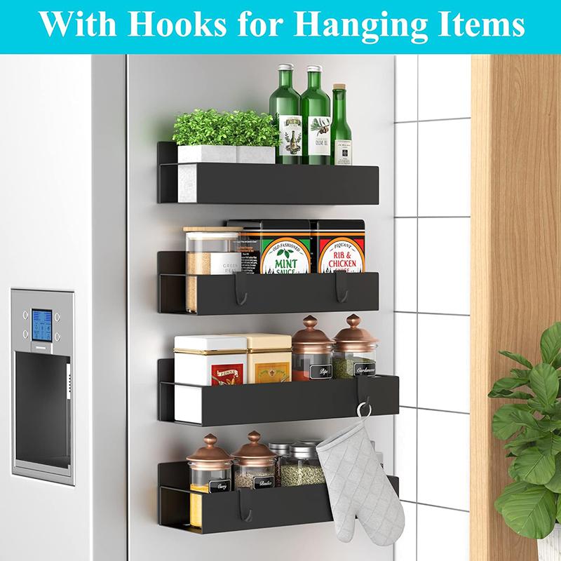 Magnetischer Kühlschrank-Organizer - Bohrfreies, seitlich montiertes Gewürzregal, Verstellbare Küchenaufbewahrung mit Haken für Gewürze & Utensilien