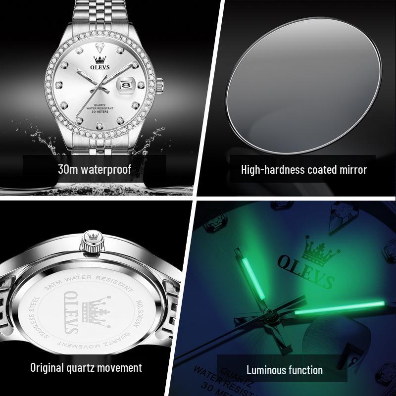 Olishi Men's Luminous Waterproof Quartz Watch with Diamond Bezel and Steel Band