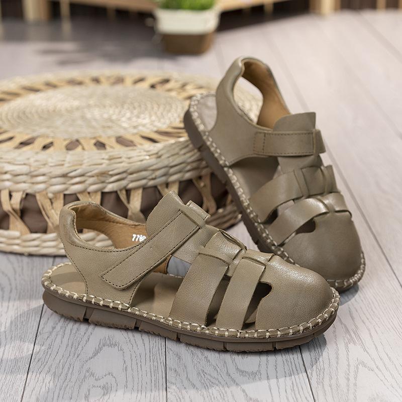 Spring and summer new sandals women's first layer cowhide comfortable massage sole casual retro women's shoes