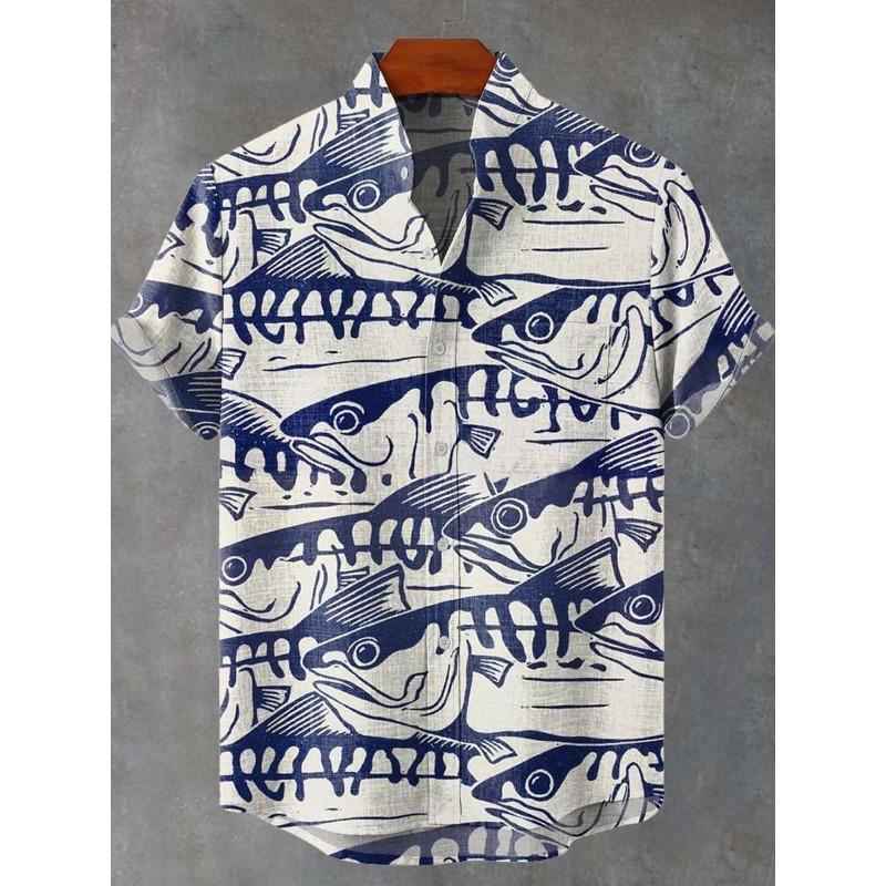 Camisa de Verano de Manga Corta para Hombre Aficionados a la Pesca Ropa de Moda Estampado de Peces Tejido de Lino Cómodo Top Nueva Colección