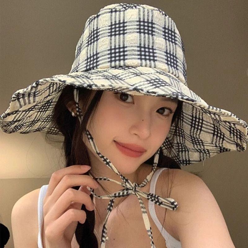 Plaid Sun Protection Bucket Hat Simple Age Reduction Sun Hat Women's Big Eaves Hat UV Protection Outdoor Basin Hat