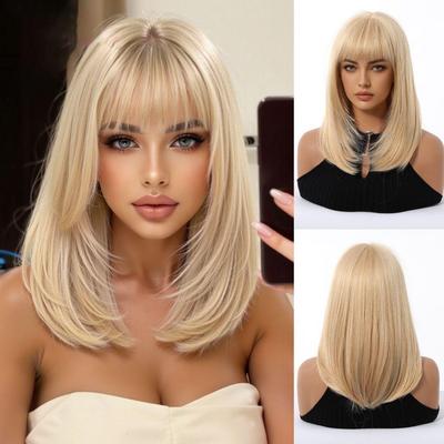 Parrucca Dorata da Donna Europea e Americana, Stile Bob Liscio, Parrucca Sintetica Stratificata di Media Lunghezza, Parrucca da Donna alla Moda e di Tendenza