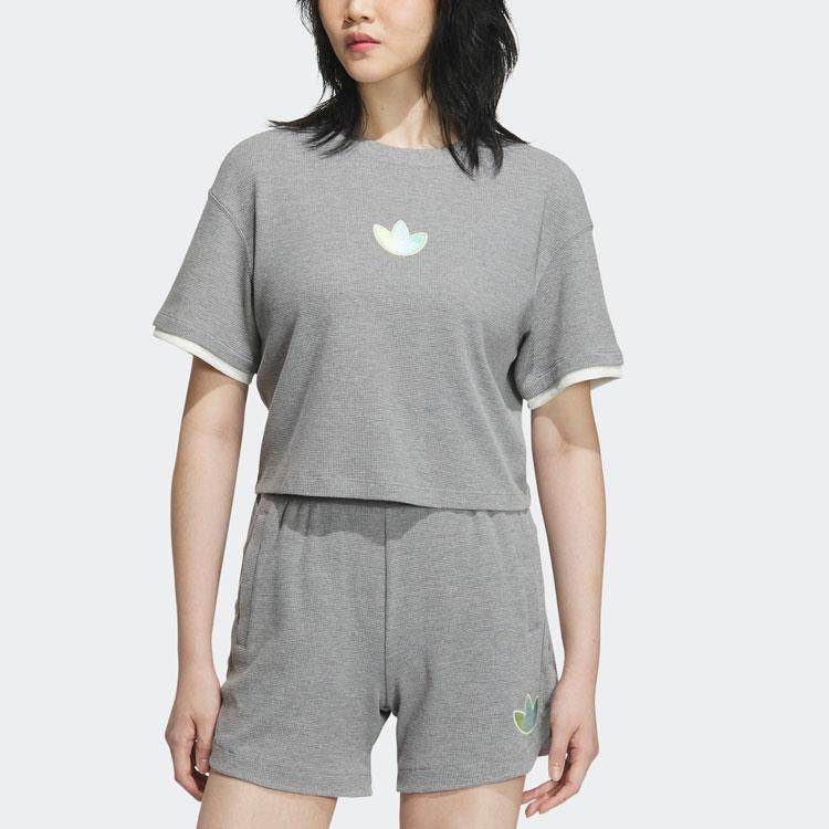 Adidas Originals Trefoil Short Sleeve Tee With Embroidered Logo Women Tops Heather-Gray IK8670