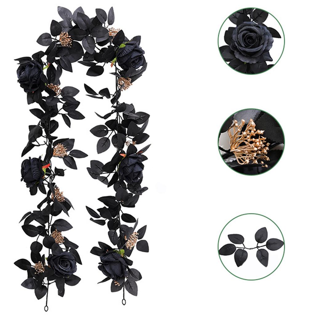 Artificial Black Rose Vine For Halloween Decor Vintage Faux Flowers Decor Red Berries Plant Garland For Outdoor Home Wall Decor