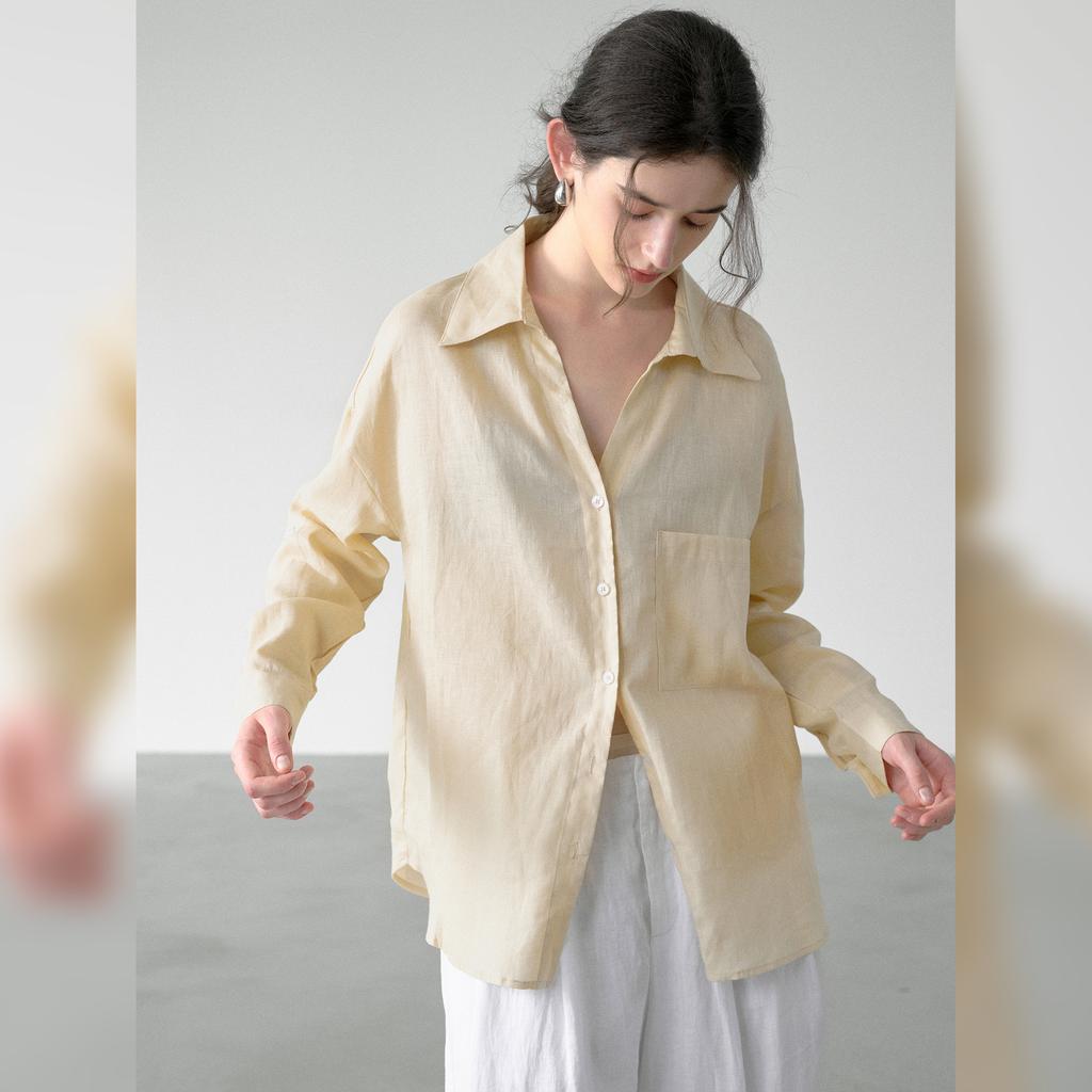 % Flax light and thin long-sleeved women's shirt spring and summer new solid color high-end loose women's shirt