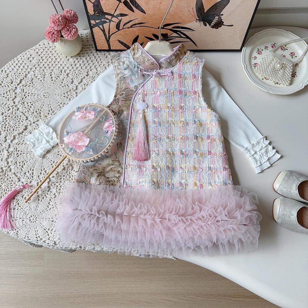 Girls' Winter Sleeveless Hanfu Cheongsam Dress with Mesh Skirt