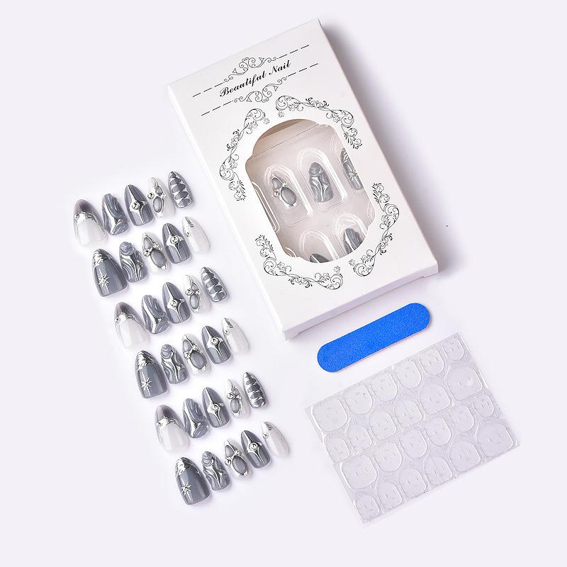 Three-dimensional Epoxy Almond Wearing Nail Dark Grey Embossed Metal Star Handmade Point Diamond Nail Art