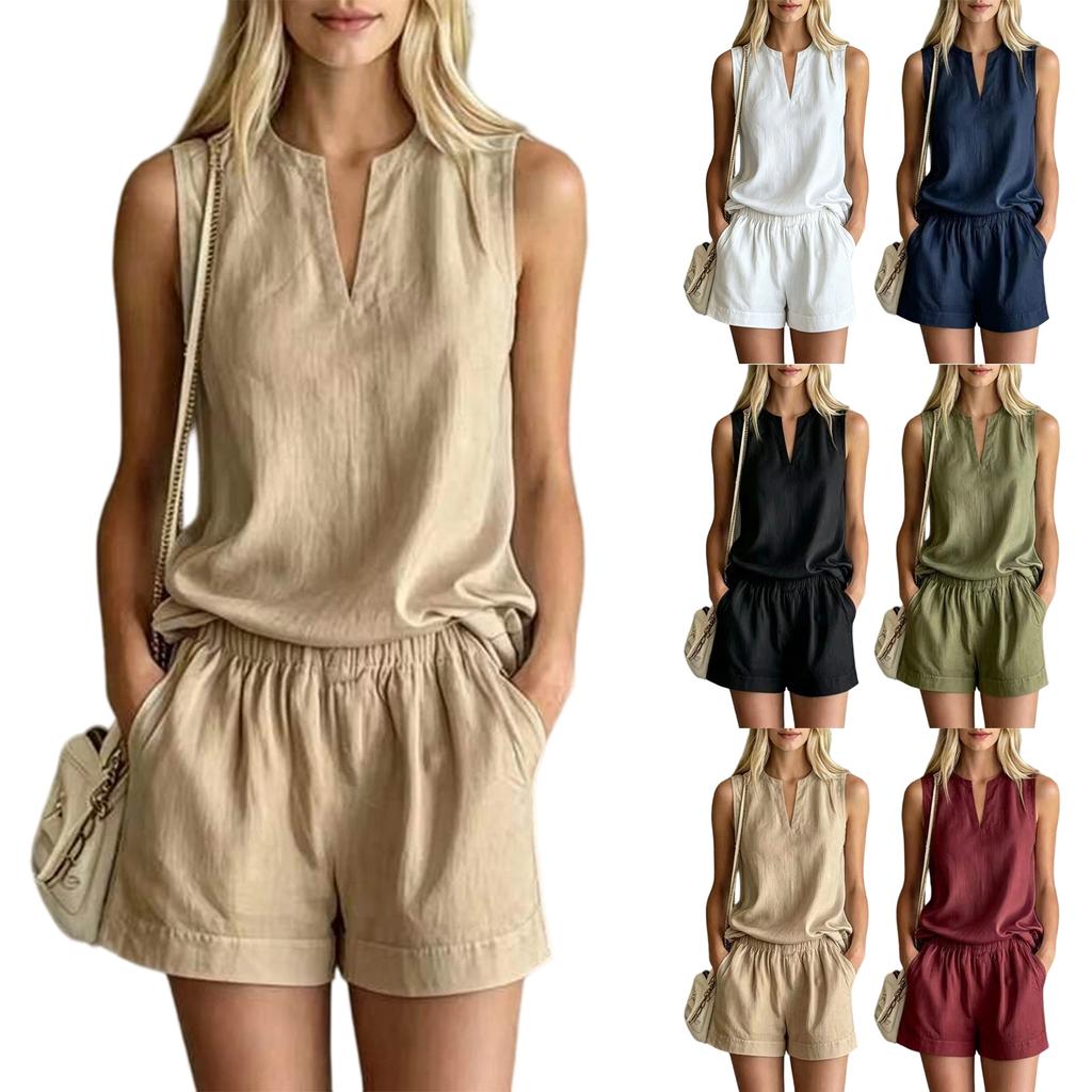 Women's Casual Two Piece Set Sleeveless V Neck Loose Fit Top with Shorts Summer Outfit Lightweight Breathable Fabric