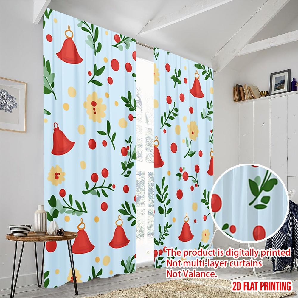 2pcs,2D Plane Printing Pattern Curtains Christmas Bells Holly Durable Polyester (without Rod) Festive for Various Rooms,