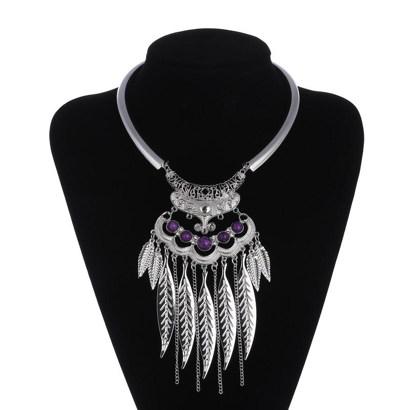 Vintage Statement Boho Necklace For Women Leaves Tassel Blue Black Red Beads Rhinestone Bohemian Necklace Party Jewelry Gift